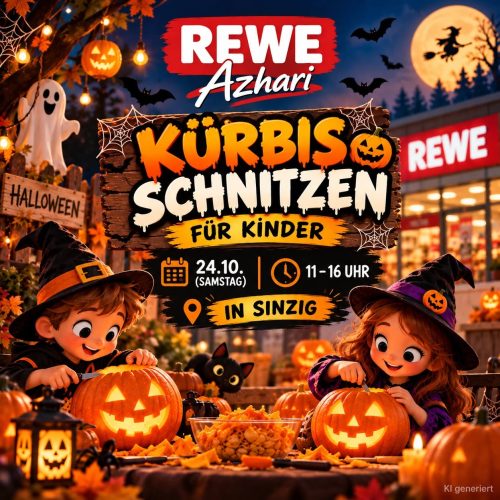 Am 24.10.2026 bietet REWE Azhari in seinem Markt in Sinzig wieder Kürbisse schnitzen für Kinder an.