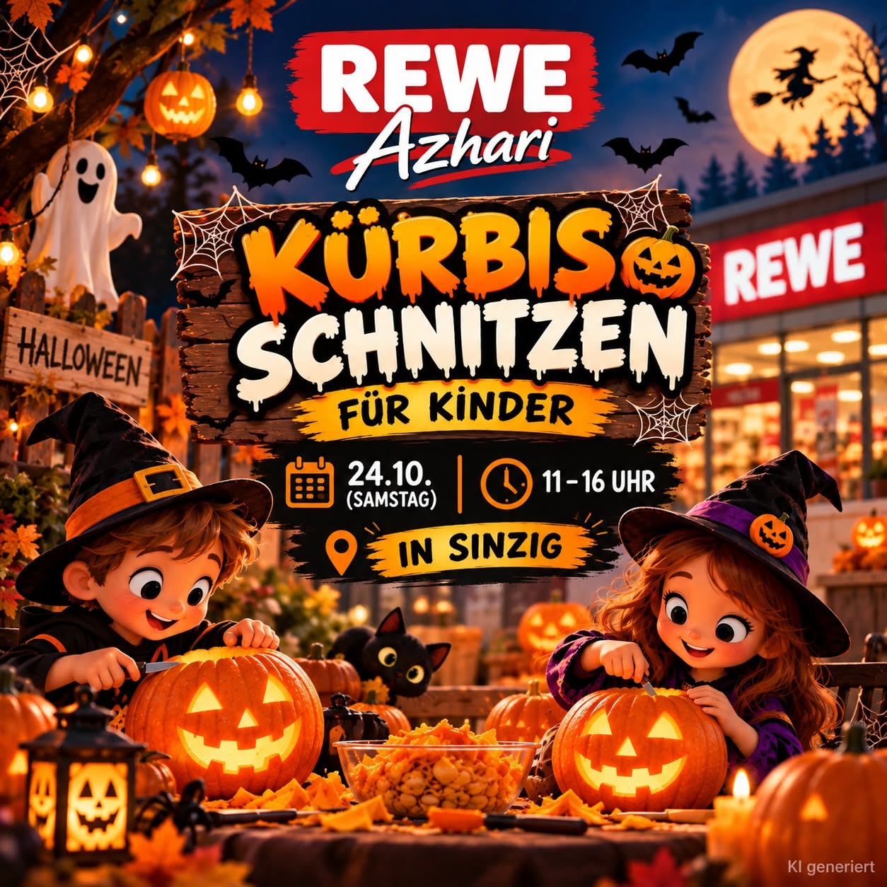 Am 24.10.2026 bietet REWE Azhari in seinem Markt in Sinzig wieder Kürbisse schnitzen für Kinder an.